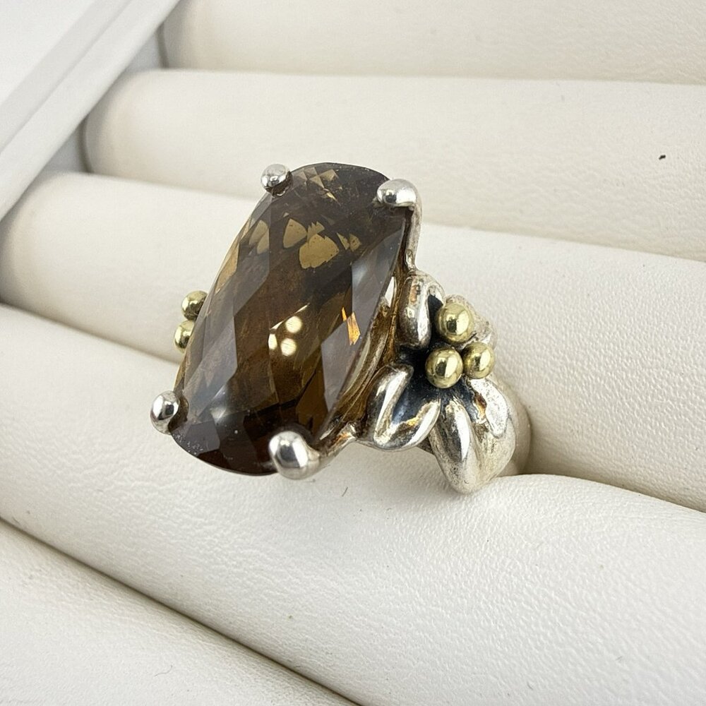 Ann King Ring Sterling Silver 18k Yellow Gold Floral Flower Smoky Quartz Size 8 - Picture 2 of 11
